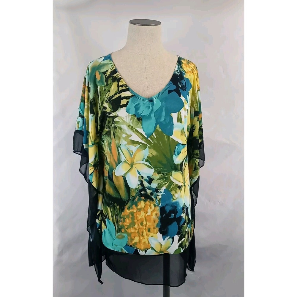 Vintage Suzie Floral Blouse Womens Large Batwing Shirt 90s Fashion Top Tropical - Picture 9 of 11